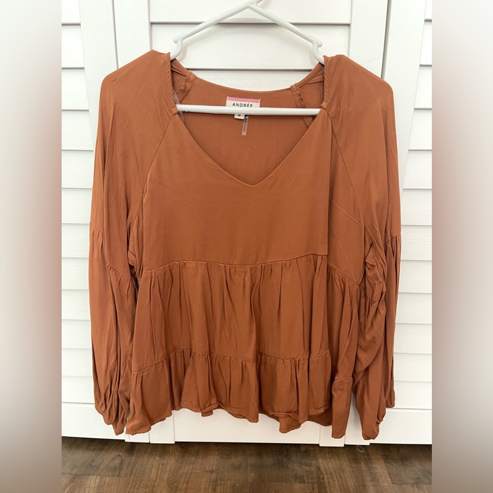 Women’s Long-sleeve Burnt Orange Babydoll Blouse in size Medium